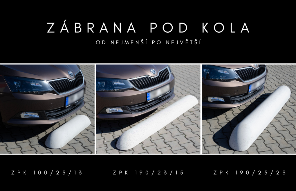 Tri rôzne veľkosti betónových zábran pod kolesá