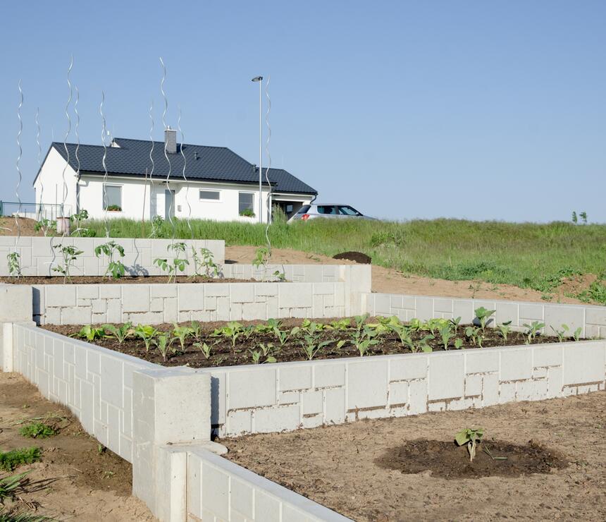 Vyvýšený záhon: skrátené betónové stĺpiky HLADKÉ, dosky dekor HAKLÍK, farba natural - foto č.9